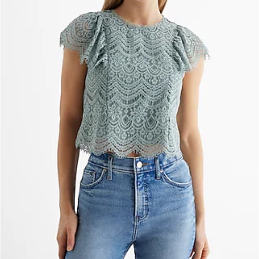 NWT Lace Crew Neck Flutter Sleeve Top, Silver Blue